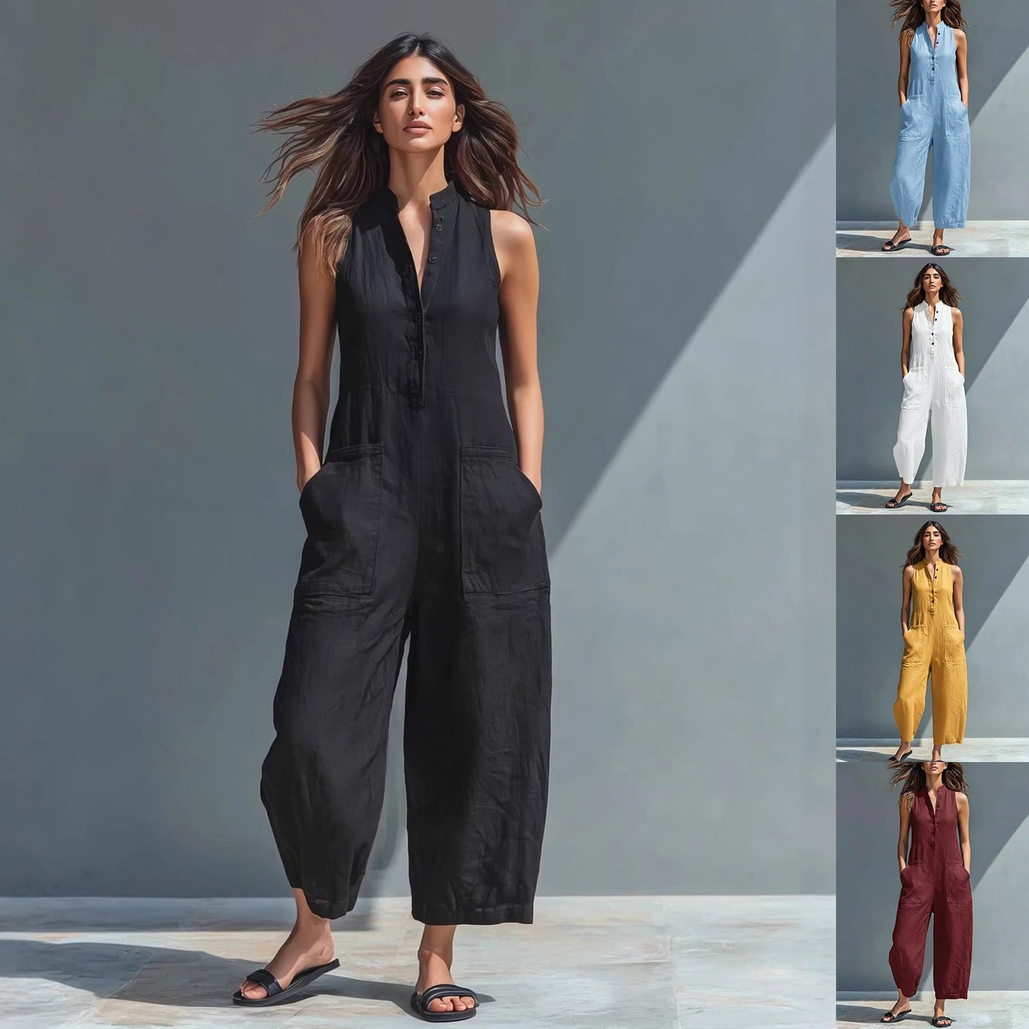 Summer Sleeveless Jumpsuit With Pockets Fashion Casual V - Neck Buttons Trousers Women's Overall Pants - HotDealsEU